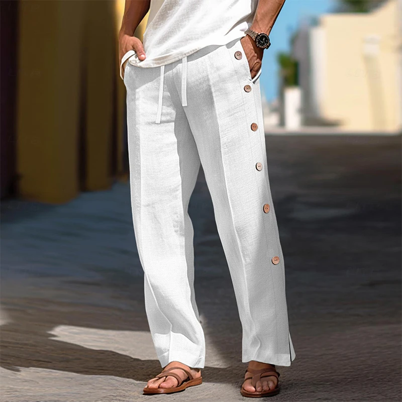 2024 Summer Men's Casual Pants Beach Leisure Breathable Loose Solid Color Trousers For Men Fashion Side Buttoned Straight Pants