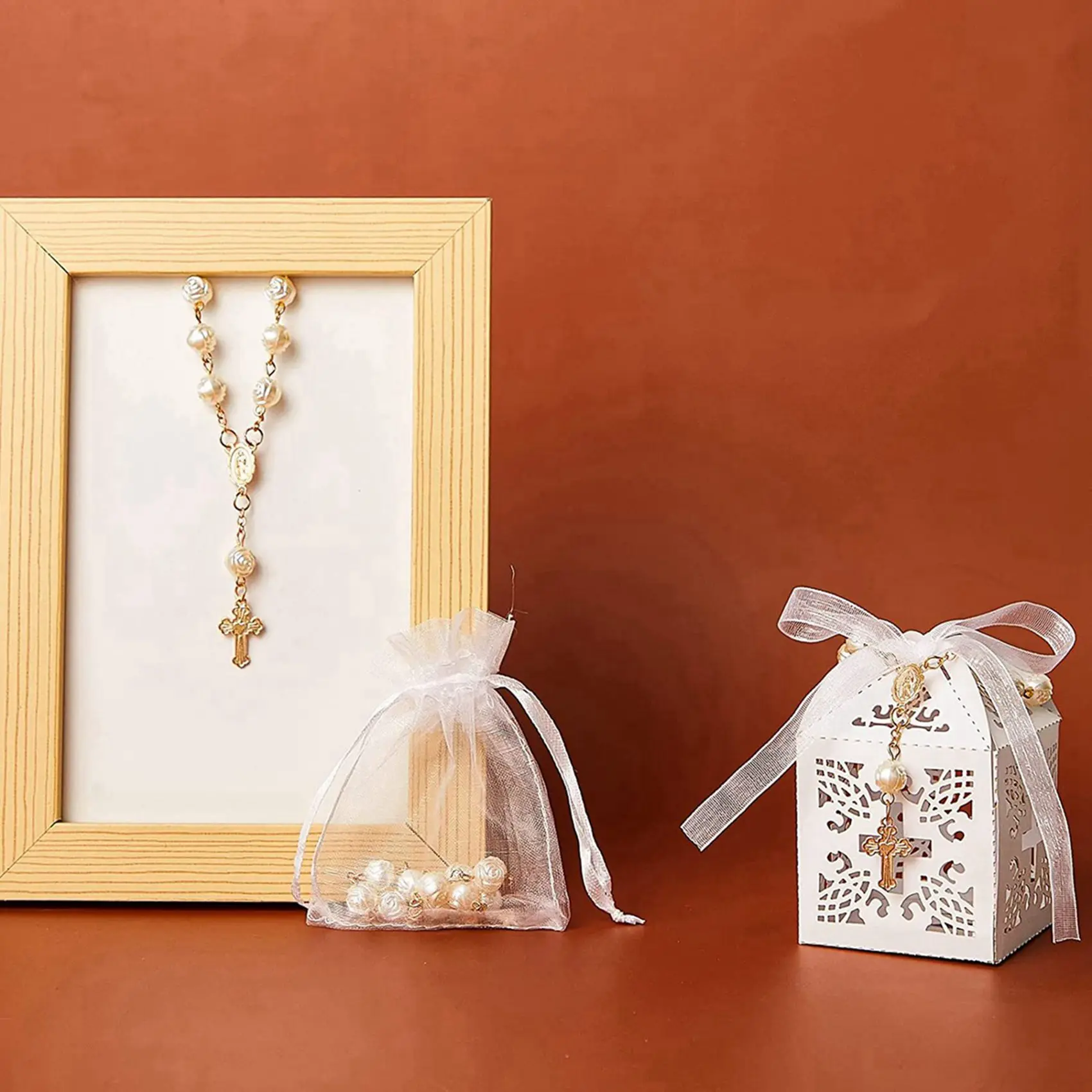 

A02M-100Pcs Baptism Favors With Cross Mini Rosaries Acrylic Beads Bracelet Christening Communion Finger Rosarie Bracelet