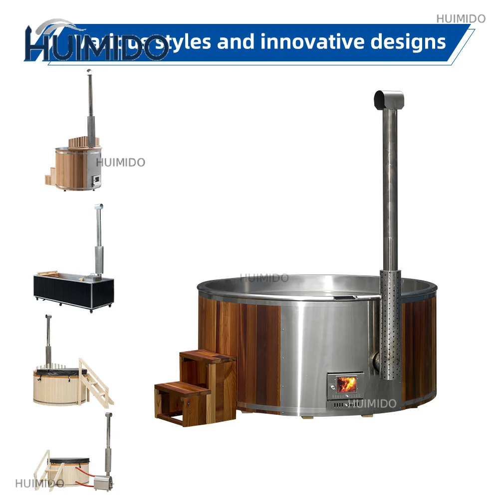 Chinese industrial design style outdoor cedar solid wood fired sauna hot tub spa stainless steel liner, suitable for 2-5 view 3
