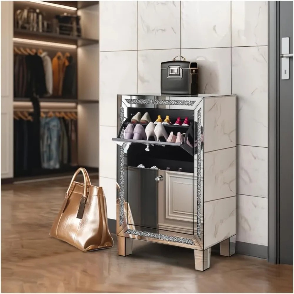 Zapatero, gabinete de almacenamiento con espejo premontado con 2 cajones abatibles, gabinete organizador de zapatos, gabinete estante moderno