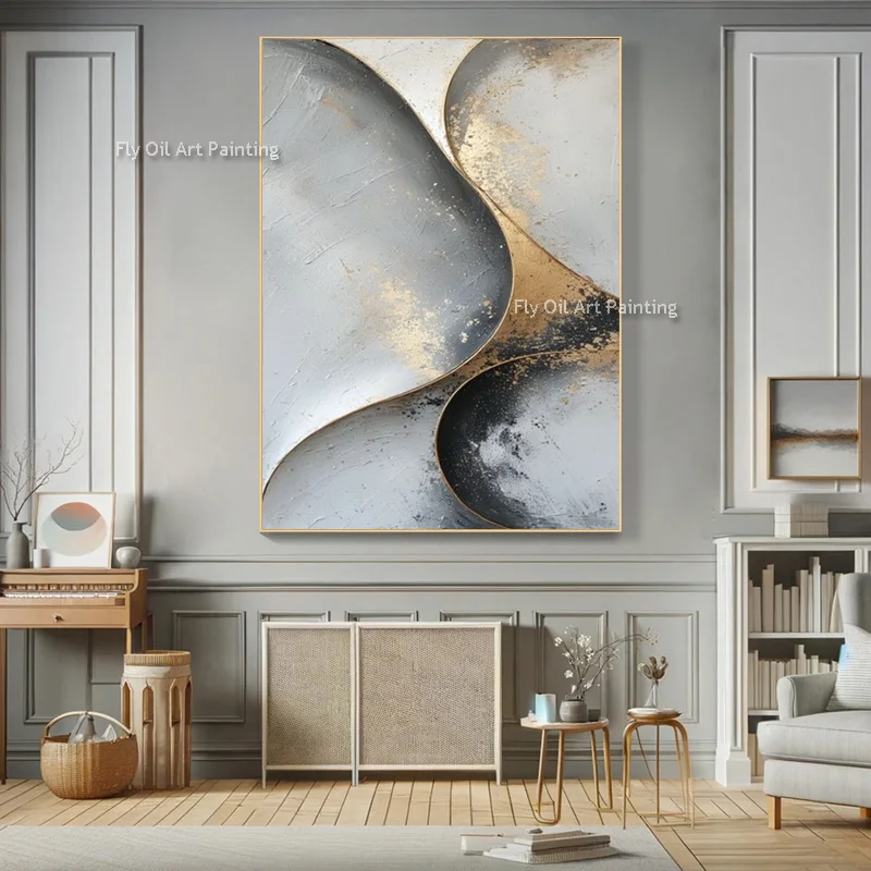 Large Black Grey Simple Design Artwork Hand Painted Minimalism Design Golden Yellow White Canvas Oil Painting For Hotel Decor