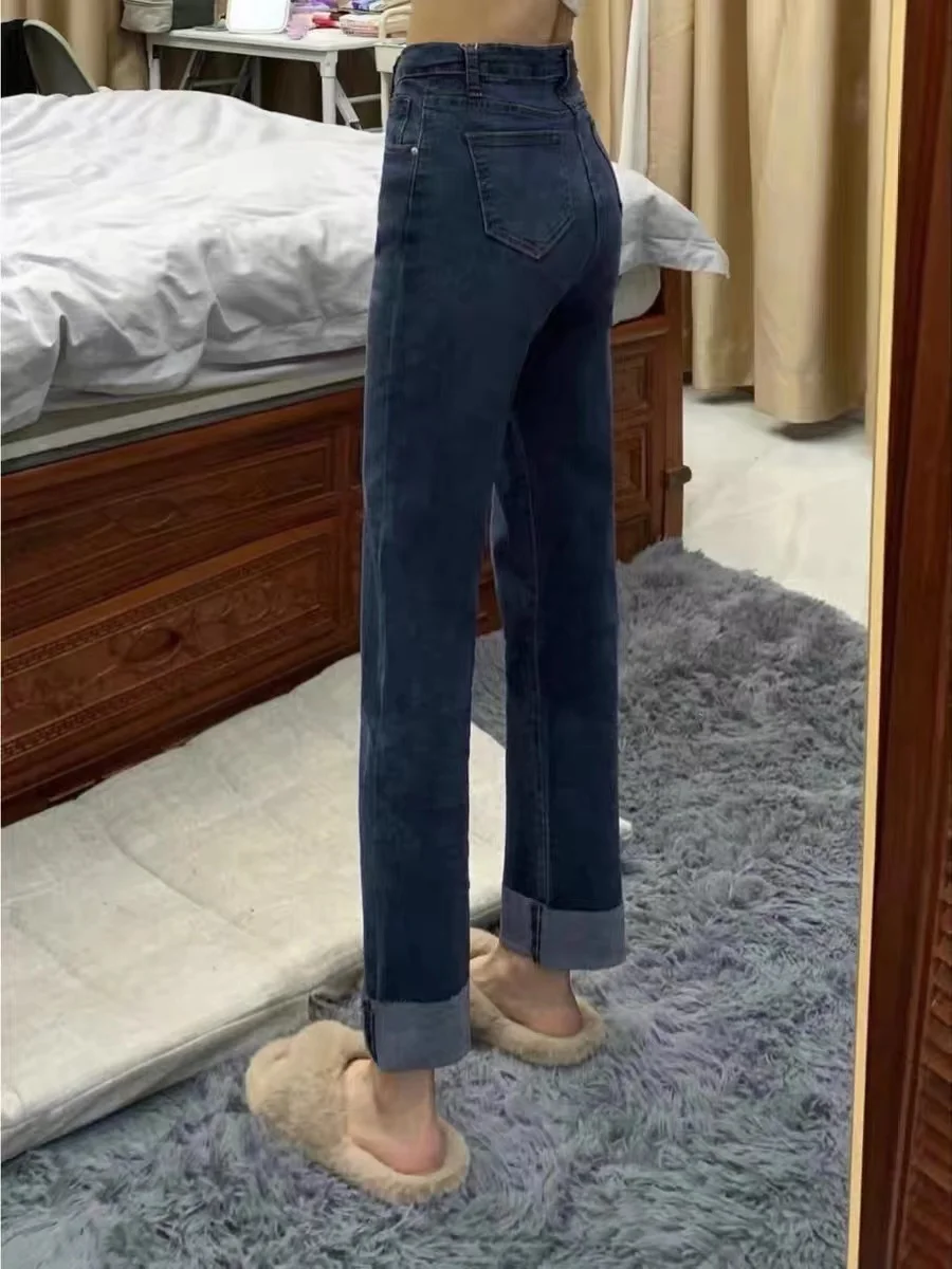 High Waist Straight Leg Stretchy Denim Jeans Women's Spring Autumn New plus Size Slimming Cuffed Wide Leg Pants Trendy