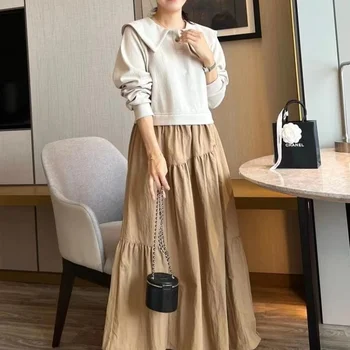 Jlgldesign Sensibility Splicing 연령 감소 우아한 스웨트 롱 드레스 여성용 세련된 캐주얼웨어