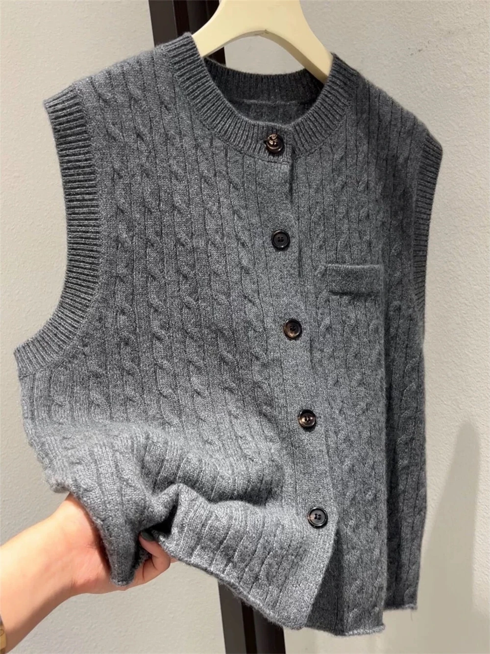 

Осенний серый кардиган, вязаный жилет, женский свитер из чистого кашемира, осенне-зимний свитер, жилет.