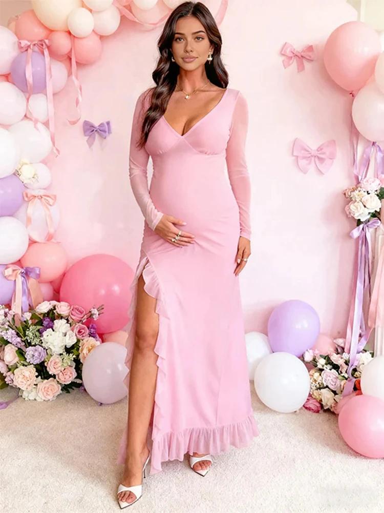 فستان الأمومة التقطت الصور الوردي العميق الخامس شبكة طويلة الأكمام ثوب الحمل عالية الشق كشكش استحمام الطفل الجنس تكشف فساتين #1
