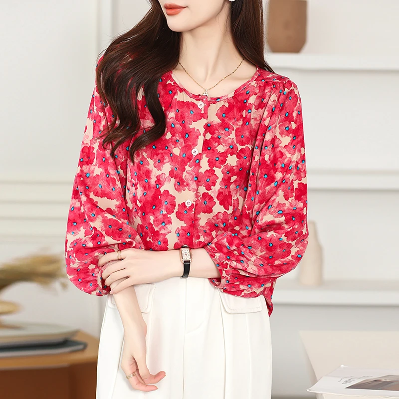 Red Dot Floral Printing Vintage Chiffon O-Neck Lantern Sleeve Loose Women\'s Blouse Shirt Korean Fashion Female Clothing Tops