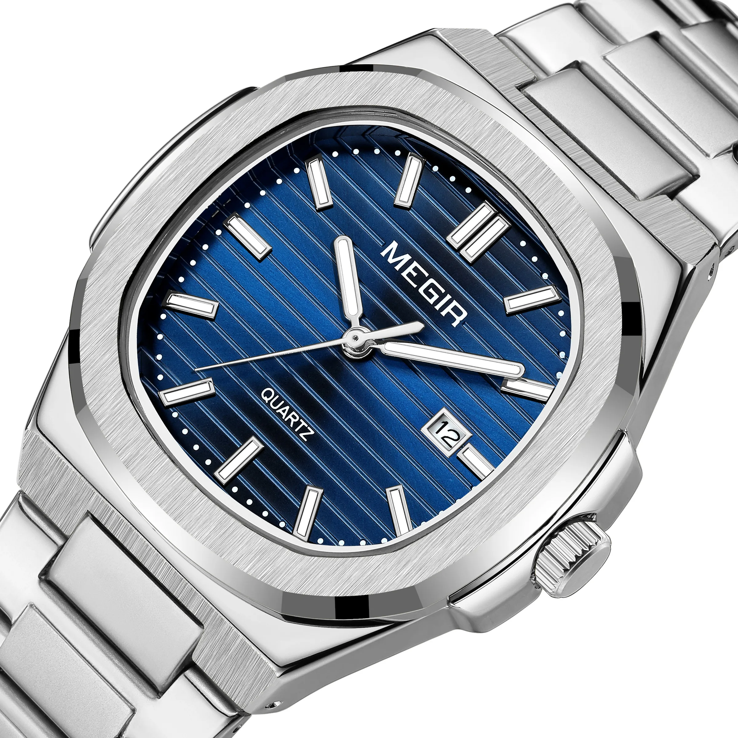 MEGIR Classic Stainless Steel Bracelet Quartz Watch for Men Waterproof Calendar Business Leisure Wristwatch Big Dial Clock 1084