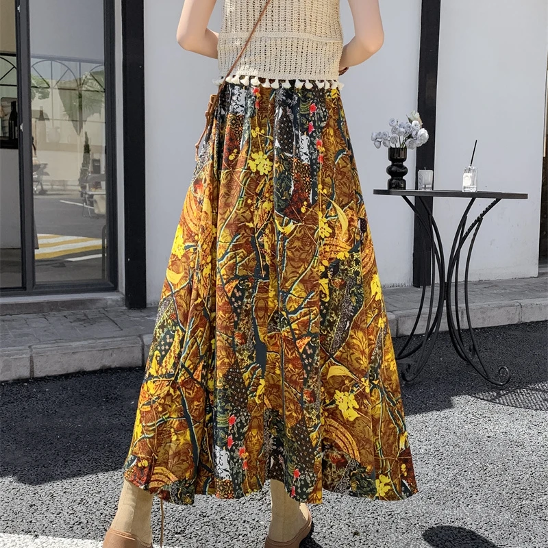 Summer Boho Skirt Women Vintage Casual Beach Long Skirt Bohemian Holiday Maxi Skirt Elastic High Waisted