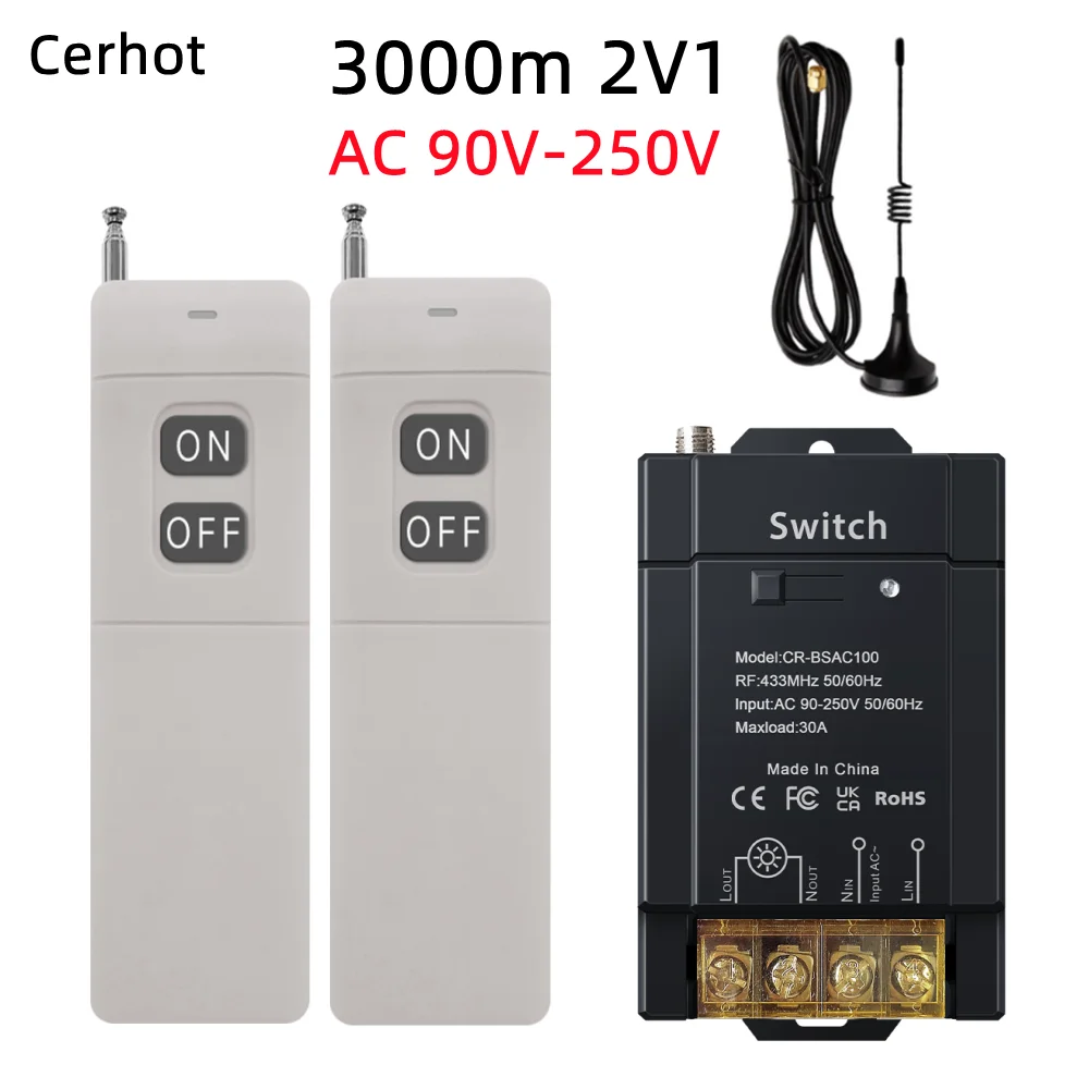 Cerhot Wireless Remote Control Switch On-off High-power 30A Wide-voltage AC 85-265V Long-distance RF433 Remote Control 3000M