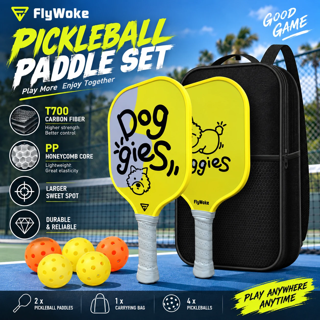 FlyWoke T700 Carbon Fiber Pickleball paddle Racket Gift Set Enhanced Durability UV Printing Color Clarity PP Honeycomb Core