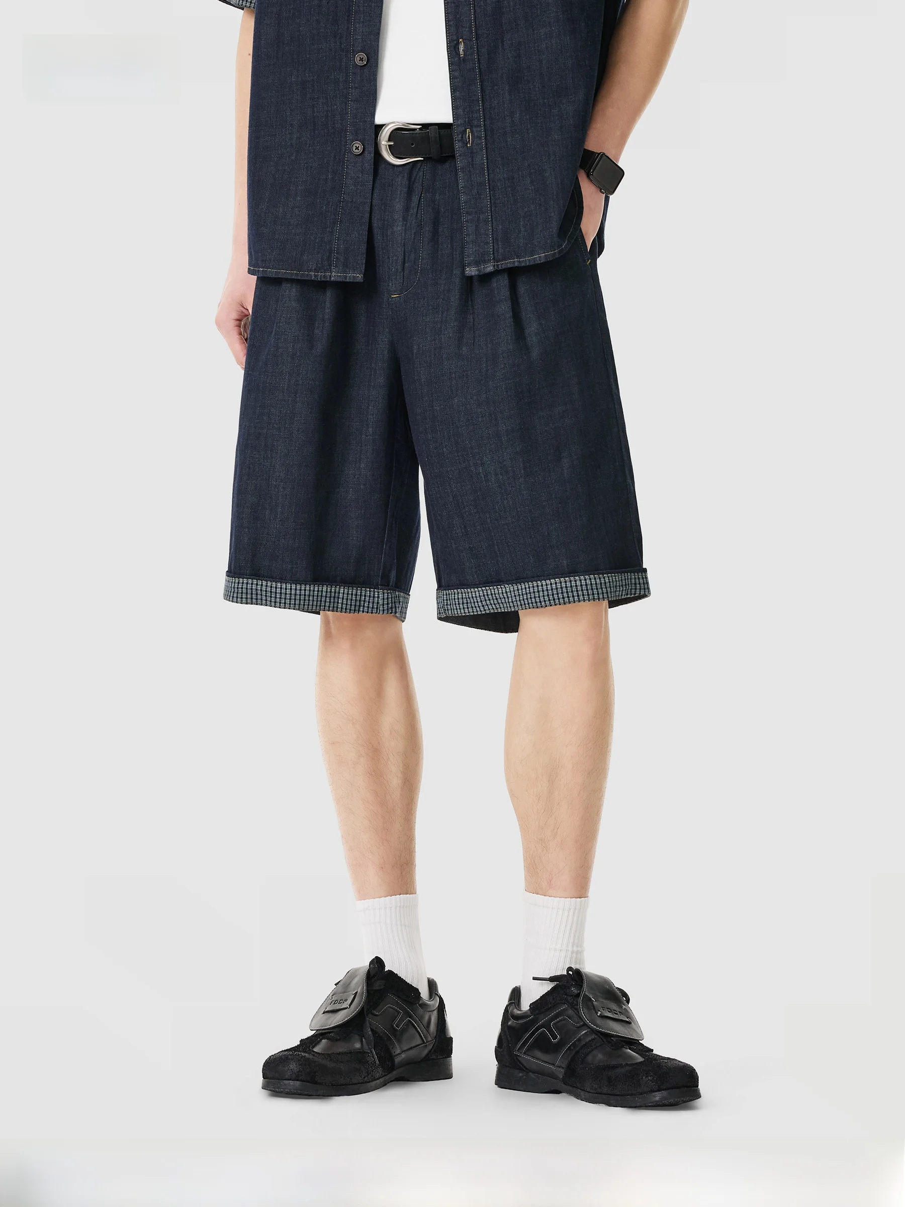 DPX Summer Cotton Linen Men's Casual Shorts Loose Fit Contrast Color Plaid Splicing Five-Quarter Length Straight Leg Jeans