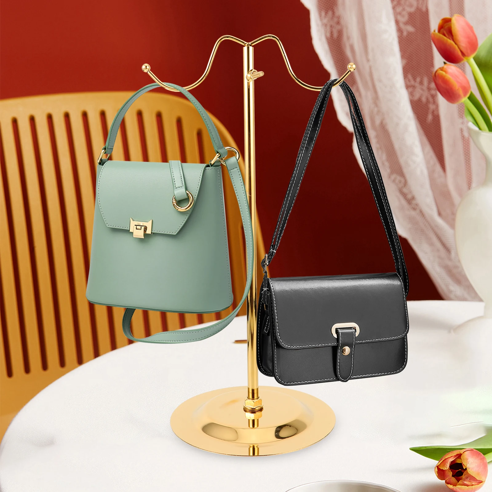 

Metal Bag Display Stand Double Hooks Adjustable Height Golden Commercial Purse Hanger Rack Handbag Showcase Display With Hooks