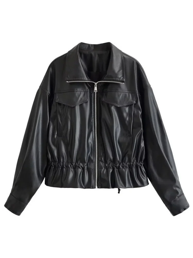 AACHOAE Women Faux Leather Jacket Drawstring Waist Zip Up Utility Short Coat Flap Pocket Casual Streetwear Autumn Outerwear
