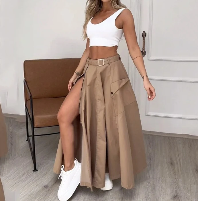 Skirts Set for Women Sleeveless Vest Solid Color Tank Top and Temperament Zipper Split Medium Length Skirt Set Women 2 Piece