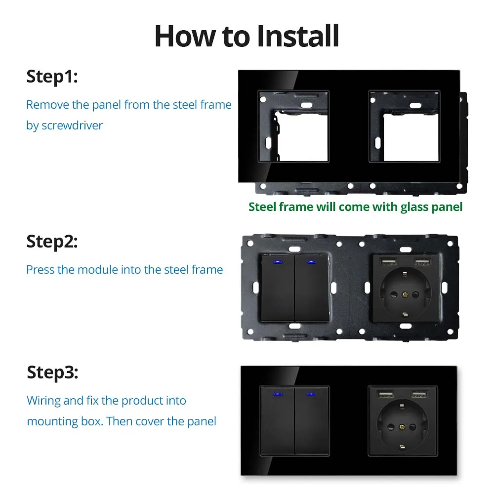 Wallpad Black DIY Module Function Key 1 2 3 4 Gang Reset Light Switch Wall Power Socket Electrical Outlet USB Port 52*52mm