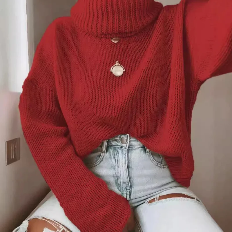 Women's New Spliced Pullovers Turtleneck Fashionable Elegant Solid Color Loose Minimalist Casual Long Sleeved Knitted Tops