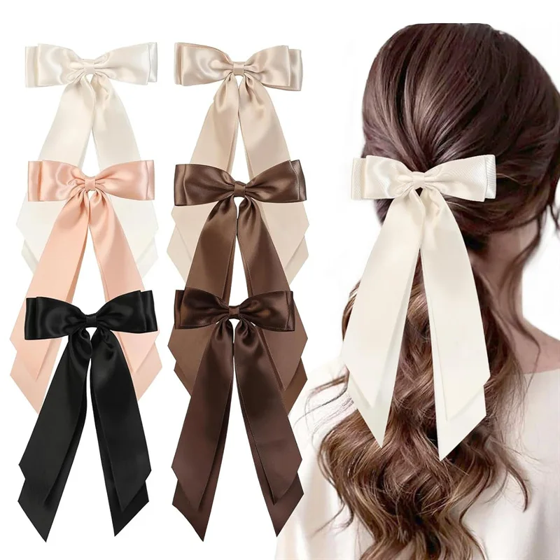 

Women OL Fashion double-deck Satin Bowknot Hair Clip Ladies Solid Color Ribbon Hairpins Girls Duck Billed Clip Hair Accessories