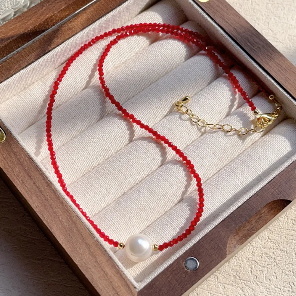 Fashion Exquisite Red Black Spinel Hand-strung Beads Perfectly Round Pearl Necklace for Women Choker Jewelry Accessories Gifts