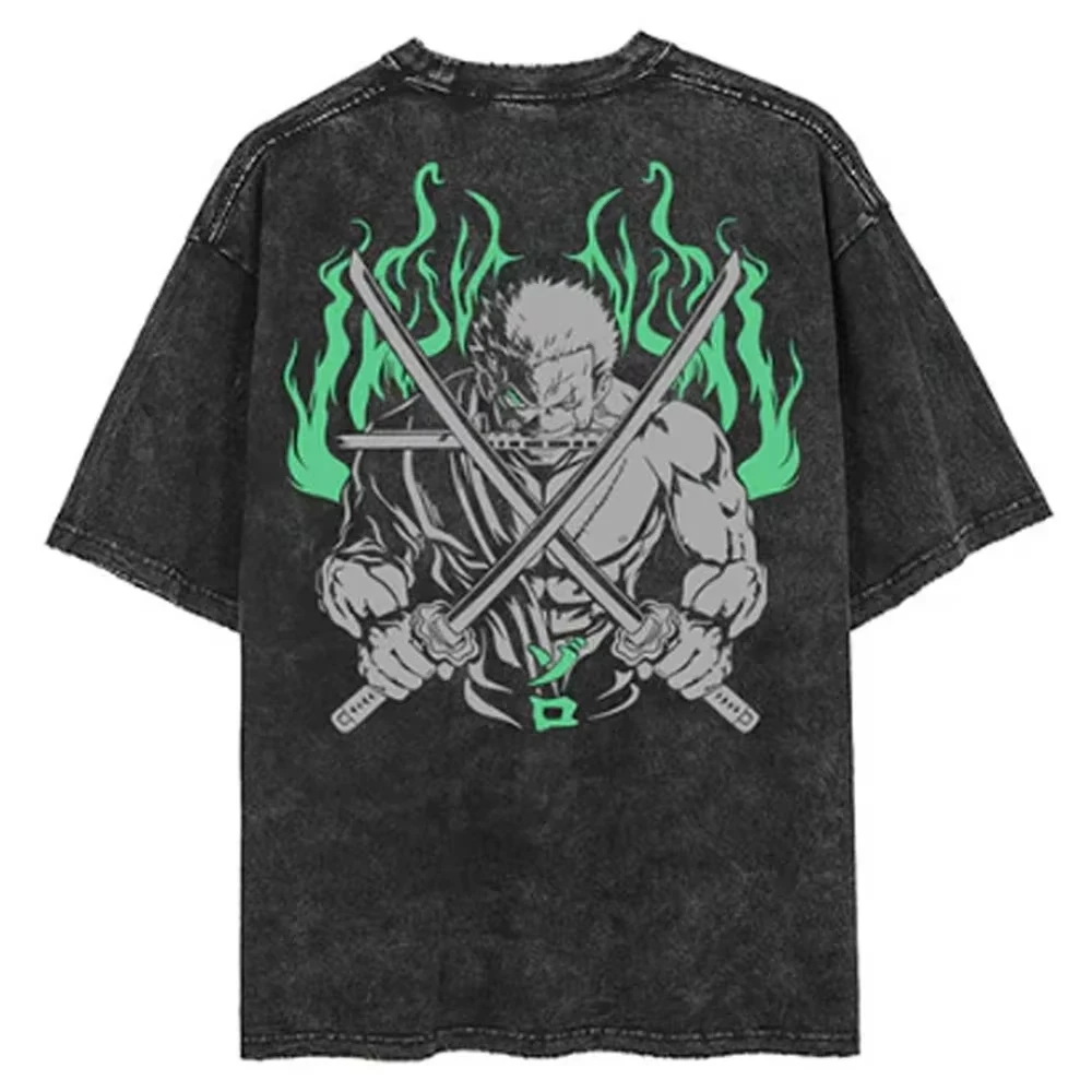 

Anime ONE PIECE Zoro Harajuku Retro Washed T-shirt Cotton Men's Streetwear Oversized Women's Short-sleeved Unisex Top Y2k