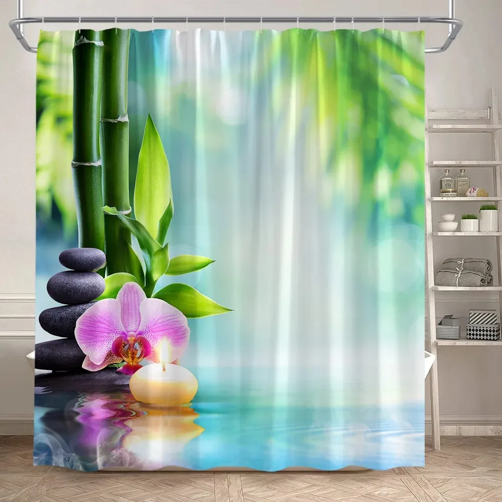 Zen Green Bamboo Shower Curtains Purple Orchid Butterfly Flowers Plants Black Stone Spa Nature Scenery Fabric Bathroom Decor Set