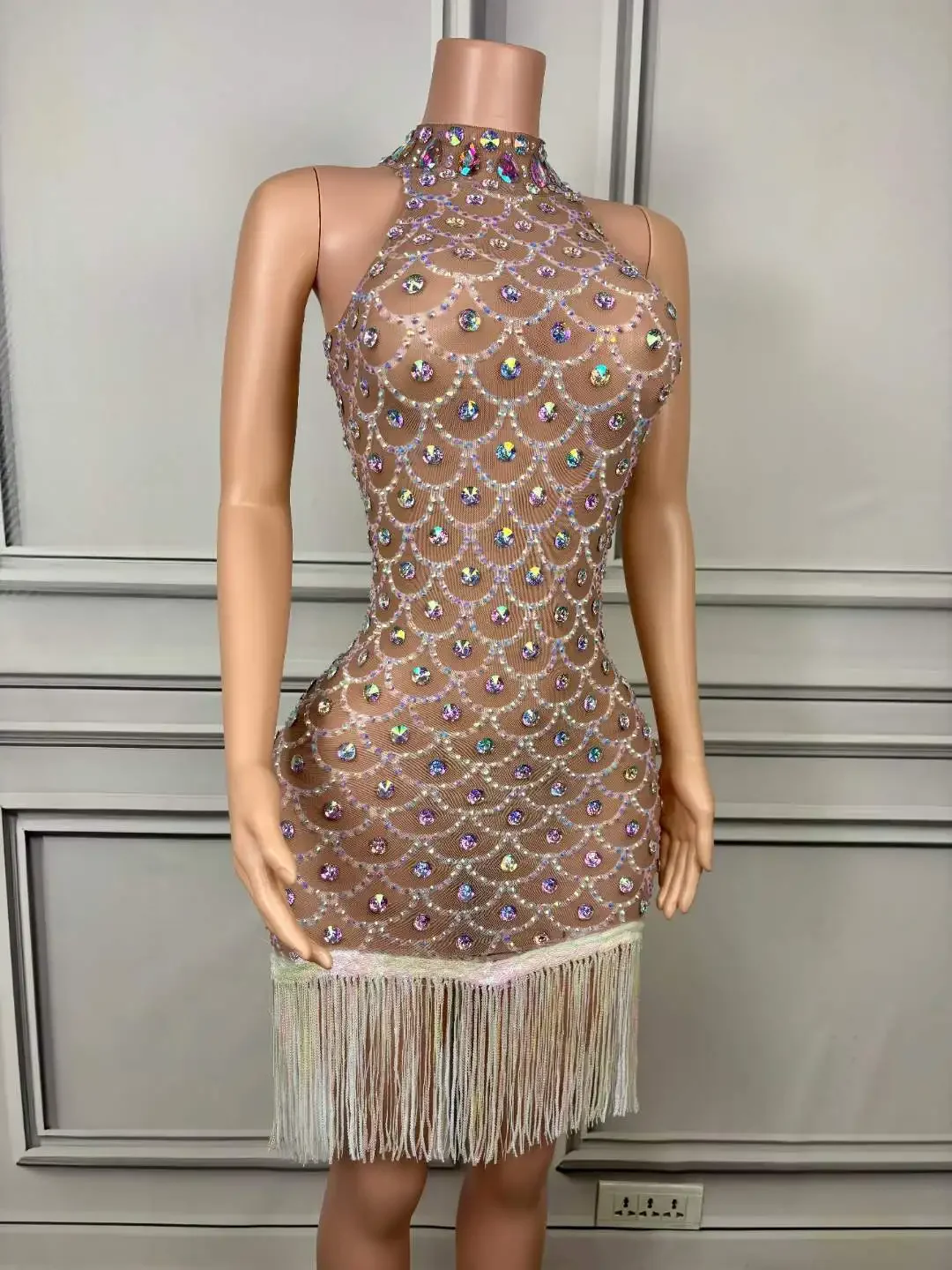 Disfraz brillante de Drag Queen, vestido con flecos de cumpleaños para mujer, cristales, actuación nocturna en Club, ropa elástica para escenario de celebridades