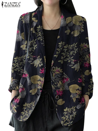 ZANZEA 2025 otoño chaqueta con estampado Floral para mujer Casual ligero manga larga cuello de solapa traje de lino de algodón chaquetas Ropa de Trabajo
