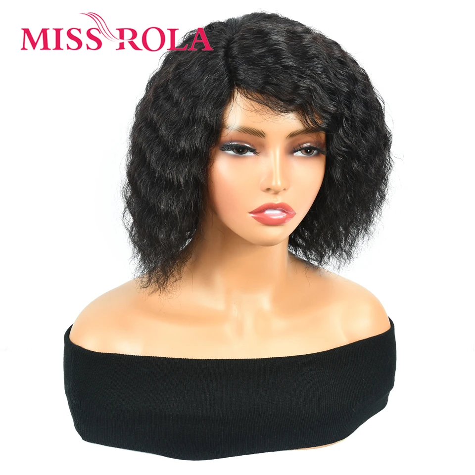 Miss Rola Brazilian 4X1 Lace Part Human Hair Wigs Right Side Part Water Wave Wig With Bangs Remy Lace Wig 180% Density