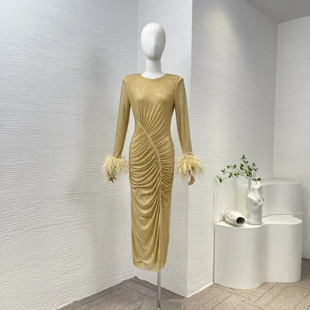 

Women Slim Midi Dress Yellow Golden Diamonds Wrinkled Long Sleeve with Feather Bodycon Dresses Top Quality 2024 Spring Summer