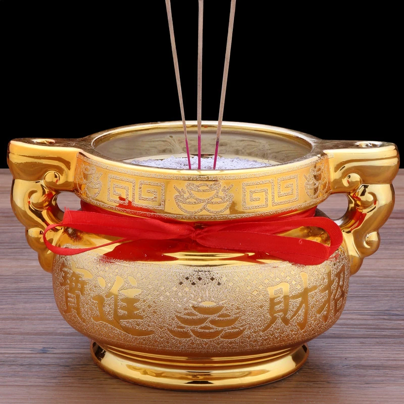 Ceramic Ruyi Doubles Ear Stove Indoor, temple, offering ornaments Double sided pattern sand gold incense burner