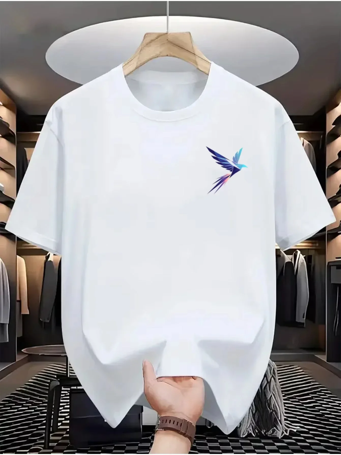 100% pure cotton men's casual loose and fashionable geometric bird pattern printed comfortable short sleeved round neck T-shirt