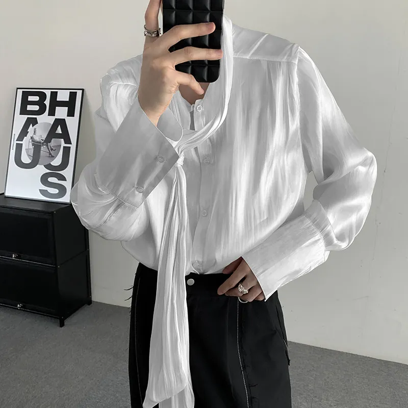 Spring Fashion Chinese Style White European Organza Shirt Shoulder Pad Thin Men's Long Sleeve Business Casual Polyester