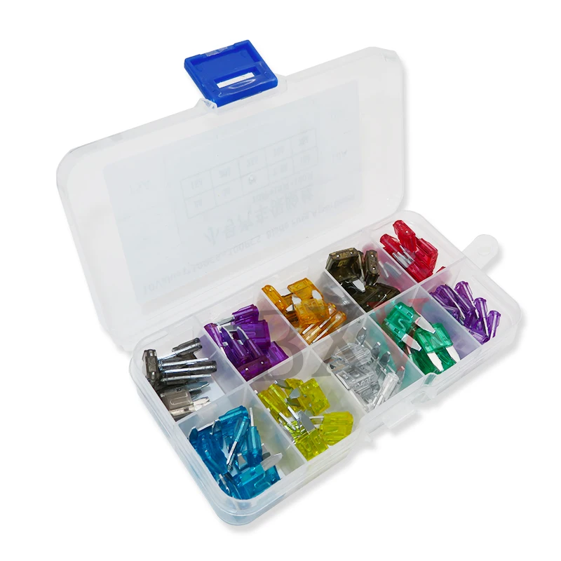 100PCS/Set 10Values  2A 3A 5A 7.5A 10A 15A 20A 25A 30A 35A  Mini Auto Fuse Car Fuse Blade Kit Assortment With Box