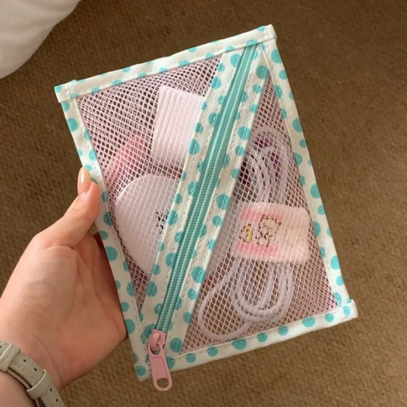 Sweet Style Mesh Storage Bag Polka Dot Pattern Visible Small Makeup Bag Lightweight Portable Travel Business Versatile Mini Bag