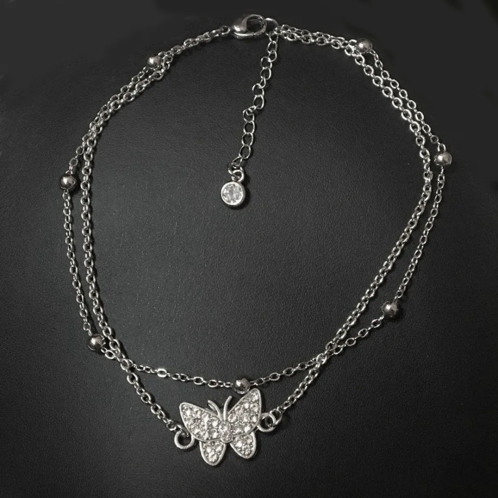 Personalities Heart-shaped Summer Butterfly Anklet Double Layer Bead Layered Foot Ankle Bracelet Adjustable Silver Girls