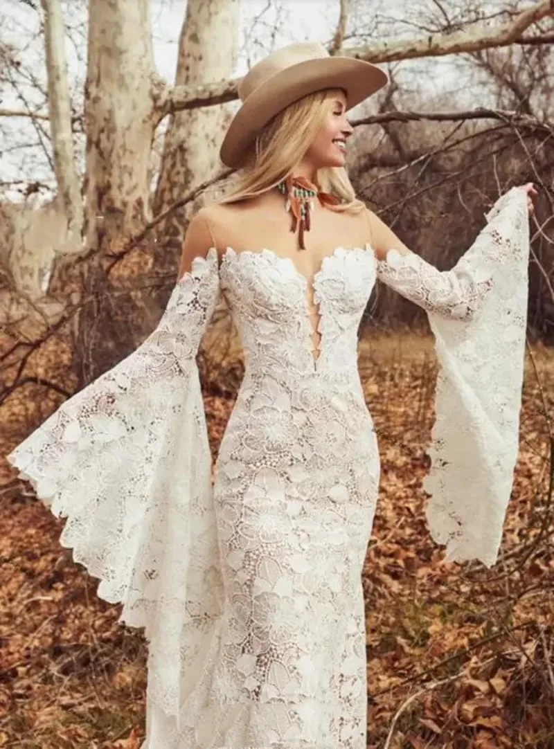 Crochet Boho Mermaid Wedding Dresses Flare Sleeves Sheer O-neck  Bold Cotton Lace Bohemian Hippie Country Bride Gowns Sweep