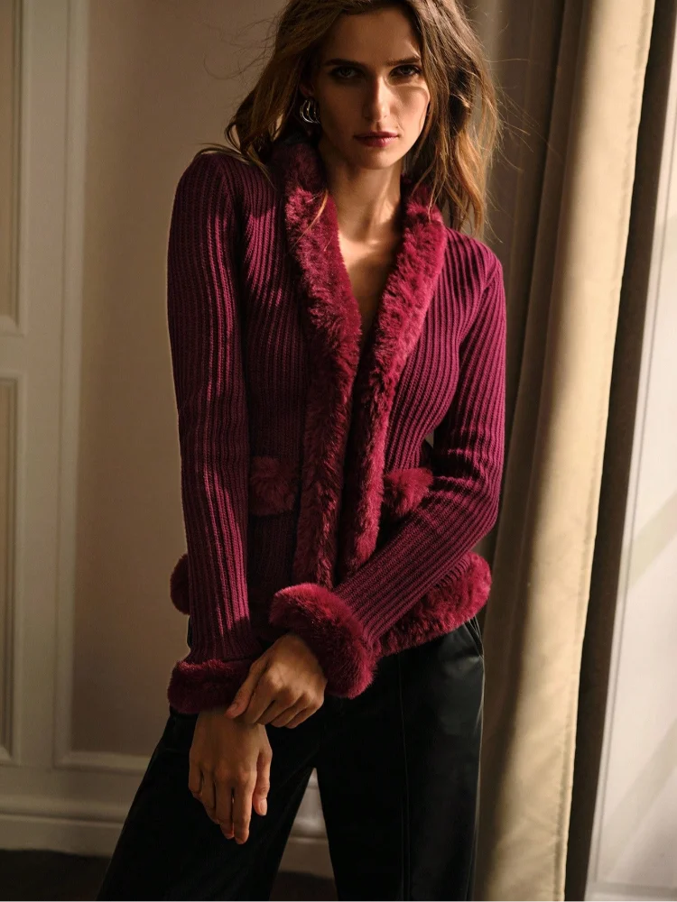 

Red Vintage Faux Fur Patchwork Kintted Cardigan Lady Elegant V-neck Full Sleeve Slim Cropped Coat Women Daily Commute Cardigans