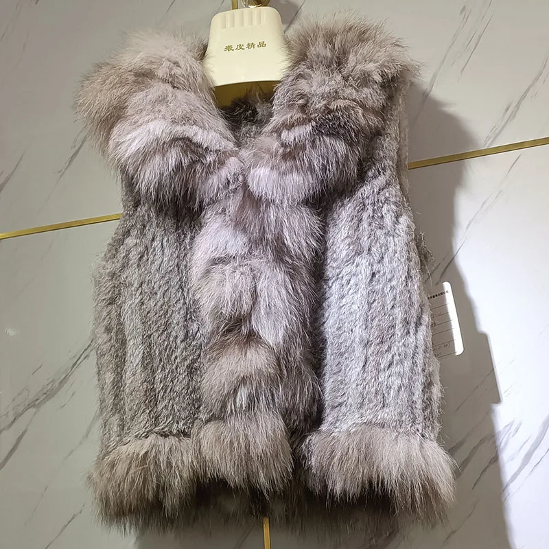 Women Knitted Real Rabbit Fur Vest With Real Fox Fur Collar Short Female Genuine Fur Waistcoat Female Sleeveless Jacket