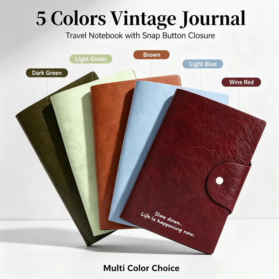 Vintage PU Leather Journal Multi‑color Snap Button Closure Portable Travel Notebook Daily Diary Writing Notepad Office School St