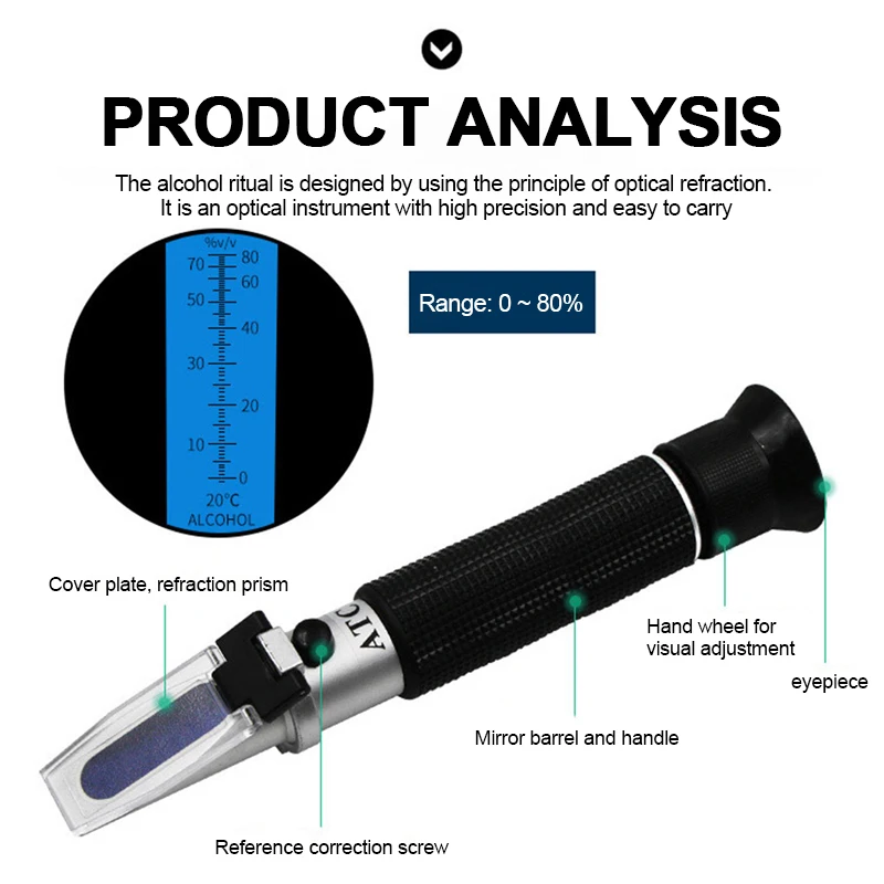 0-80% Alcohol Refractometer Professional Handheld Beer Wine Spirits Tester Ethanol Concentration Detector Sugar Refractometer