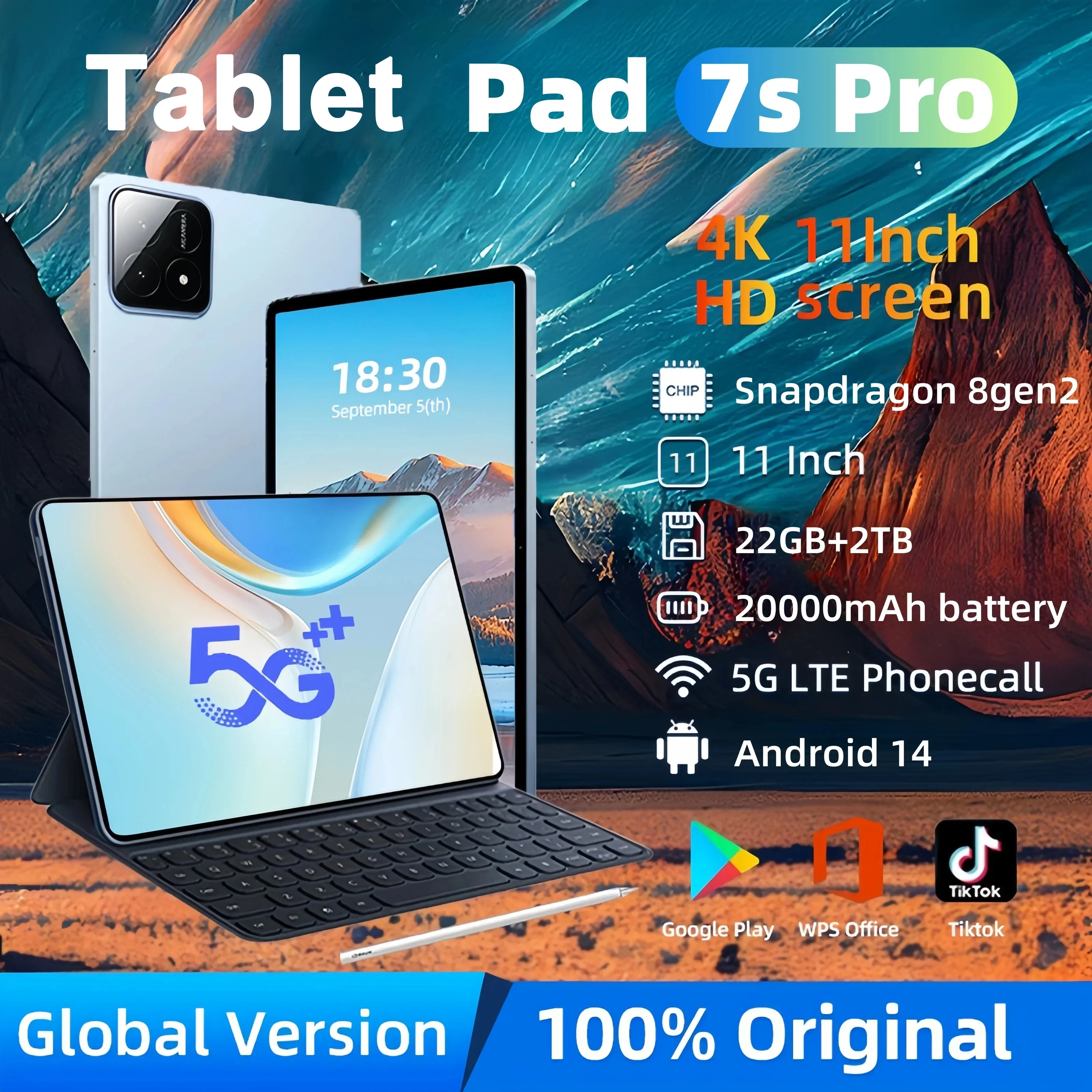 

2025 Tablet Pad 7S Pro Original Global Version Android 14 Snapdrago 8 Gen 2 11inch 22GB RAM 2TB SSD 20000mAh 5G Dual SIM WiFi HD