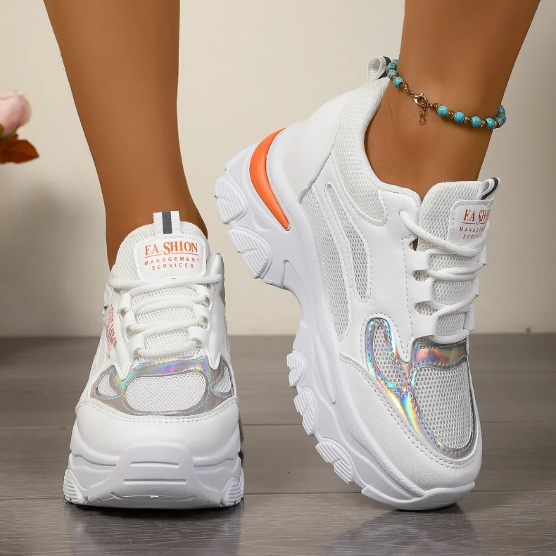 

Новинка весны 2024, женская спортивная обувь на шнуровке, модная вулканизированная обувь с дышащей сеткой, удобная повседневная обувь для папы на толстой подошве