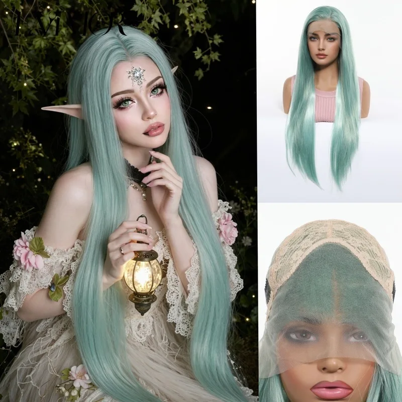 Long Straight Pastel Purple Mint Green Synthetic Lace Front Wig Free Part Adjustable Cap Cosplay Party Hair for Women