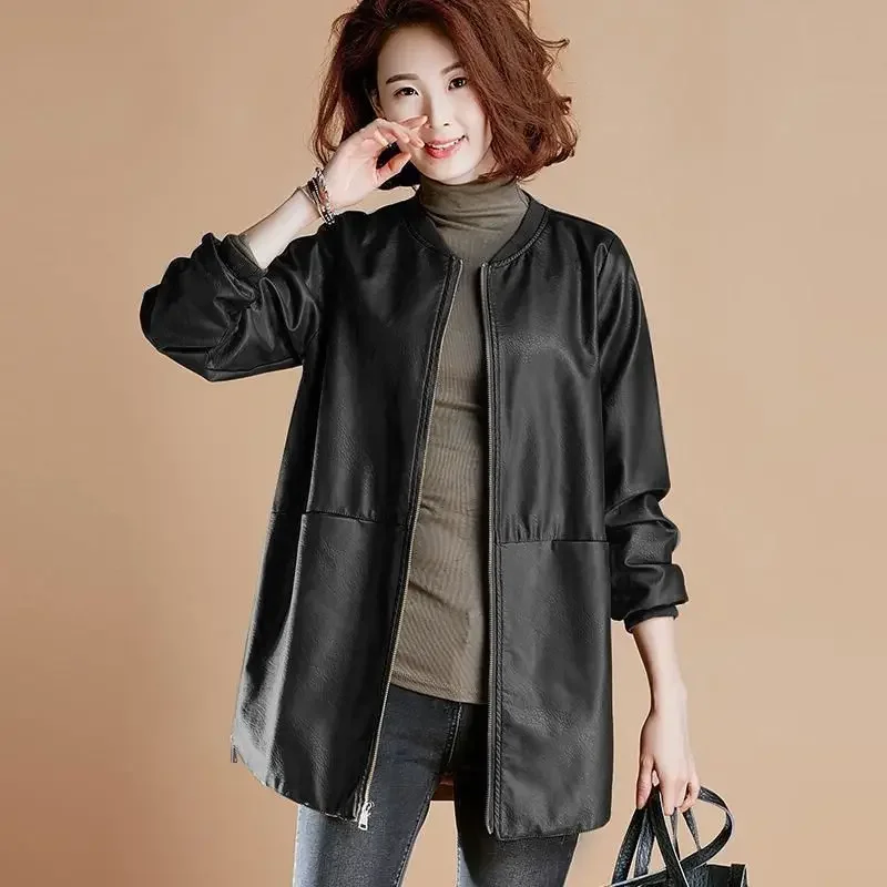 Women PU Leather Jacket Spring Autumn Large Size 6XL Faux Leather Coats Basic Female Mid-length Leather Overcoat Jackets