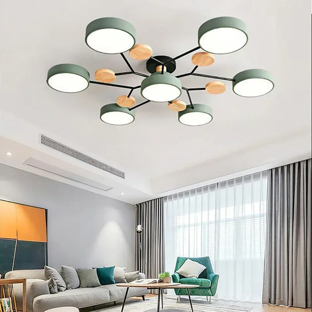 

Nordic LED Ceiling Lights for Living Room Bedroom Restaurant Wood Round Lamp Minimalist Macaron Chandelier Home Decor Lighting