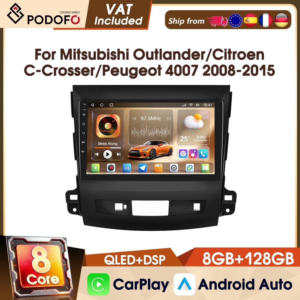 Podofo 9" 4G 8-Core 8+128G Kabelloses CarPlay Autoradio Stereo Android Auto FM RDS für Mitsubishi Outlander/Citroen C-Crosser/Peugeot 4007 2008-2015 Intelligente Fahrzeugsysteme