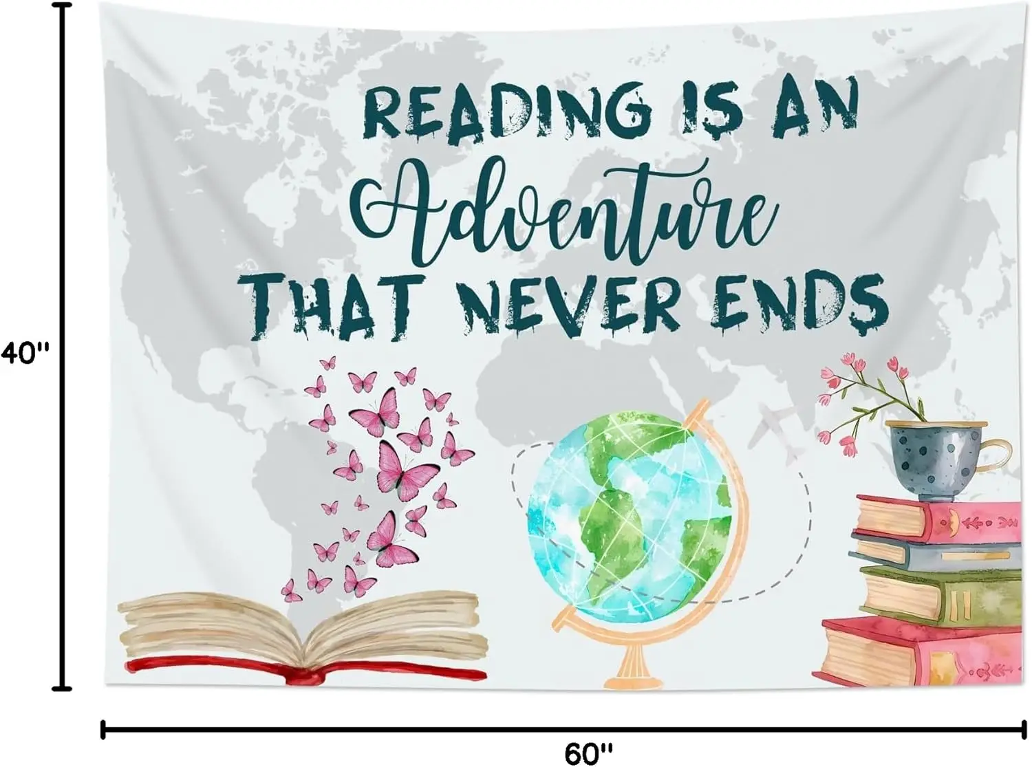 نسيج قراءة الفصل الدراسي على شكل فراشة وردية وخريطة العالم مع اقتباسات ملهمة، نسيج لغرفة النوم الجمالية