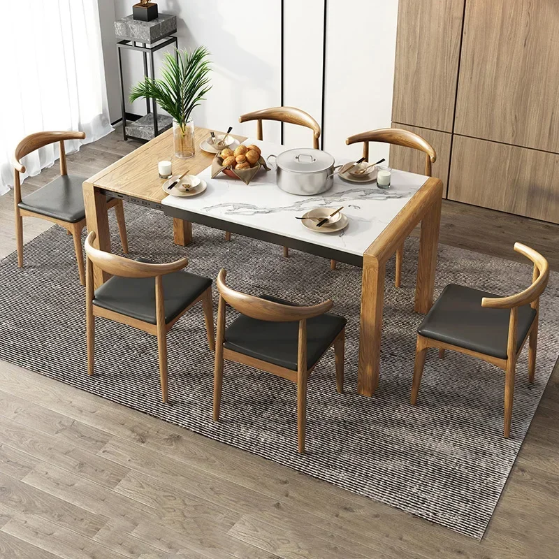 

Обеденный стол из каменной плиты, современный простой домашний ресторан, выдвижные обеденные столы и стулья из цельного дерева, складной обеденный стол