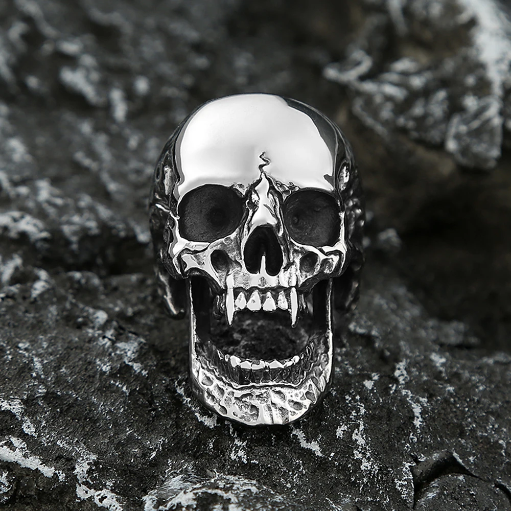 High Polish Gothic Vampire Skull Rings For Men Heavy Skull Stainless Steel Biker Ring Punk Motorcyclist Jewelry Gift Size 7-15