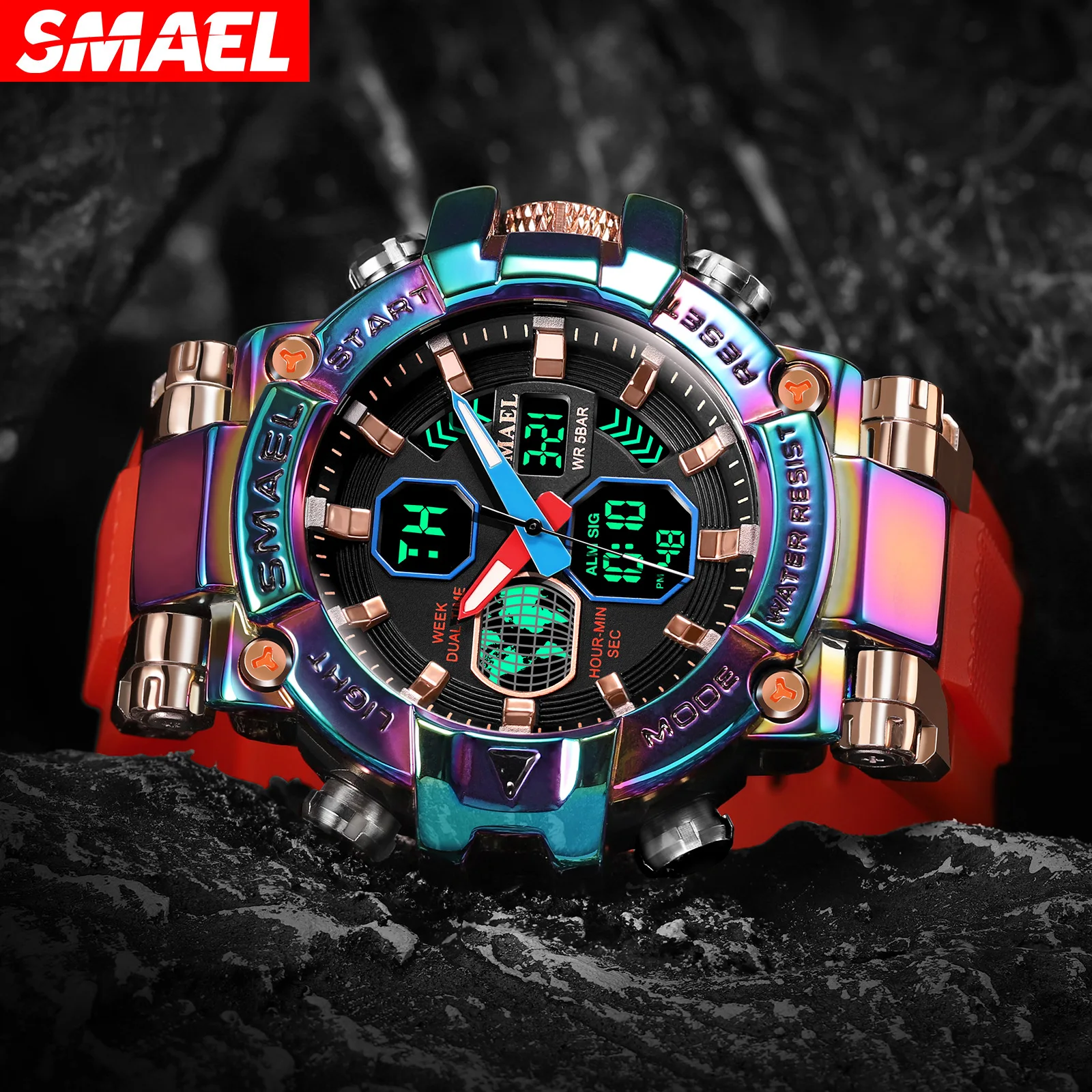 SMAEL-reloj electrónico para hombre, cronógrafo Digital con fecha luminosa, multifuncional, resistente al agua, colorido, para deportes al aire libre, a la moda, 8027