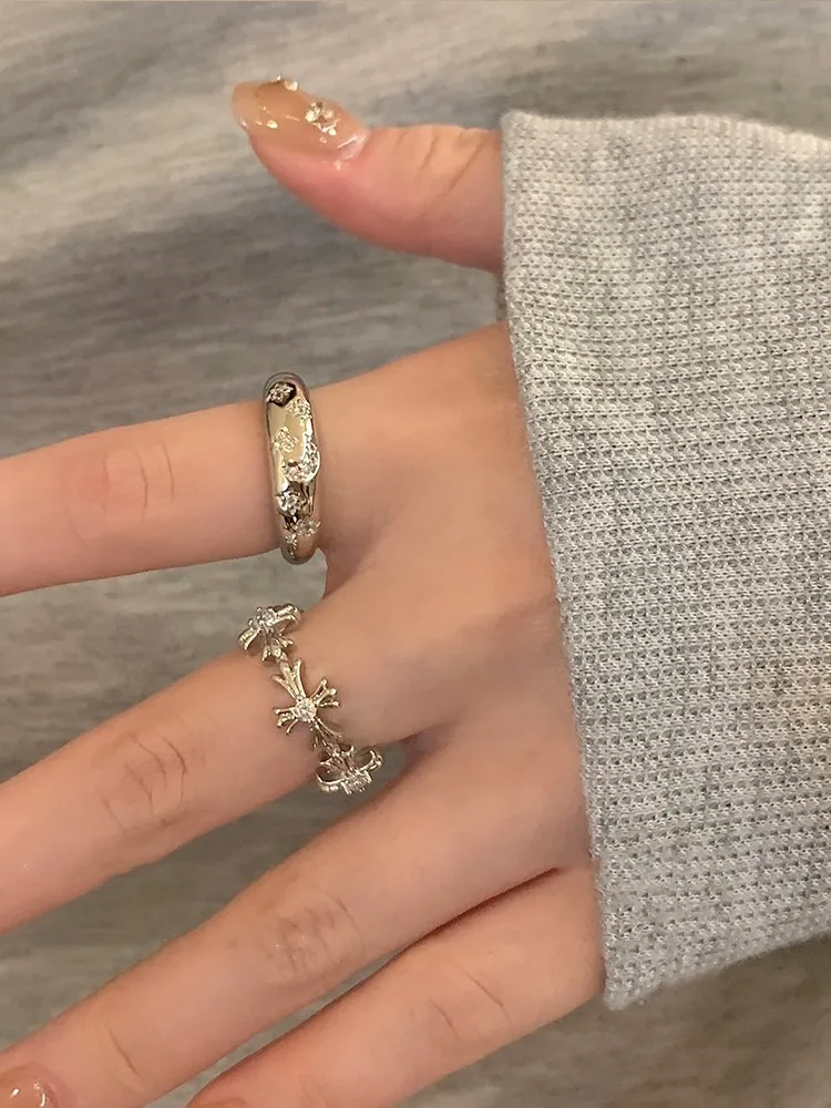Cold style~ Silver zircon cross ring for women niche design ins light luxury index finger ring personalized couple rings Cross r
